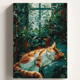 Sayılarla Boyama Tuval Hobi Seti, UYUYAN KEDİ Temalı Fırça ve Boya Dahil Set (Çıtalı) 50x70 CM, Kendin Yap Sayılarla Tuval Boya Kiti (KASNAKLI)