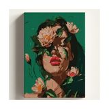 Sayılarla Boyama Tuval Hobi Seti Yeşil Çiçek Kadın Temalı Fırça ve Boya Dahil Set (Çıtalı) 40X50 cm Kendin Yap Sayılarla Tuval Boya Kiti (Kasnaklı) - Çok Renkli