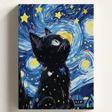 Sayılarla Boyama Tuval Hobi Seti, Yıldızlı Kedi Temalı Fırça Ve Boya Dahil Set (Çıtalı) 40X50 Cm, Kendin Yap Sayılarla Tuval Boya Kiti (Kas