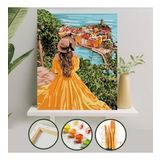 Sayılarla Boyama Tuval Seti Fırça Boya Dahil (Çıtalı) 40x50 CM - Sarı Elbiseli Kız