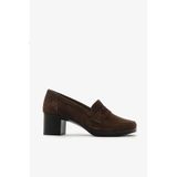 SAYL Kahve Hakiki Deri Süet Kalın Topuklu Kadın Loafer Ayakkabı