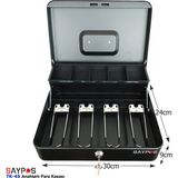 Saypos Anahtarlı Metal Para Kasası 30 x 24 x 9 cm Taşıma Kulplu 4 Banknot 5 Madeni Para Bölmeli