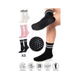 Saysez Bambu Kadın Beyaz-pembe-siyah Kaydırmaz Taban Silikon Baskı Pilates Yoga Fitness Bale Dans Aktivite Tenis Çorabı 3'lü Renkli