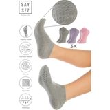Saysez Bambu Kadın Kaydırmaz Beyaz Taban Silikon Baskı Pilates Yoga Fitness Dans Aktivite Patik Çorabı 3'lü - Gri - Pembe - Lila - 36 - 40