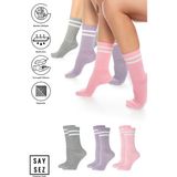 Saysez Bambu Unisex Tenis Kolej Çizgili Premium Dikişsiz Soket Çorap 3'lü Paket - Gri - Pembe - Lila - 36 - 42