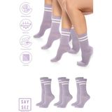 Saysez Bambu Unisex Tenis Kolej Çizgili Premium Dikişsiz Soket Çorap 3'lü Paket - Lila - 36 - 42