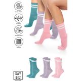 Saysez Bambu Unisex Tenis Kolej Çizgili Premium Dikişsiz Soket Çorap 3'lü Paket - Pembe - Lila - Su Yeşili - 36 - 42