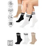 Saysez Bambu Unisex Tenis Kolej Çizgili Premium Dikişsiz Soket Çorap 3'lü Paket - Siyah - Beyaz - Bej - 36 - 42