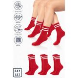 Saysez Bambu Unisex Tenis Kolej Çizgili Premium Kırmızı Renk Dikişsiz Soket Çorap 3'lü Paket - 36 - 42