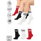 Saysez Bambu Unisex Tenis Kolej Çizgili Siyah-Beyaz-Kırmızı Premium Dikişsiz Soket Çorap 3'lü Paket - 36 - 42 - Siyah - Beyaz - Kırmızı