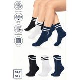 Saysez Bambu Unisex Tenis Kolej Çizgili Siyah-Beyaz-Lacivert Premium Dikişsiz Soket Çorap 3'lü Paket - 36 - 42 - Siyah - Beyaz - Lacivert