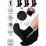 Saysez Erkek Bambu Kaydırmaz Taban Silikon Baskı Hac Umre Tavaf Pilates Yoga Lastiksiz Çorap 3'lü - 40 - 45 - Siyah