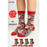 Saysez Unisex Yılbaşı Desenli 4'lü Paket Renkli Soket Çorap Christmas Happy New Year - 35 - 42 - Gri - Renkli