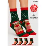 Saysez Unisex Yılbaşı Desenli 4'lü Paket Renkli Soket Çorap Christmas Happy New Year - 35 - 42 - Karışık