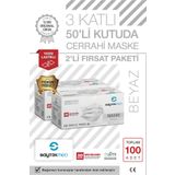 Saytekmed Meltblown Filtreli, Yassı Ipli, 3 Katlı Beyaz Cerrahi Maske (2 Kutu/100 Adet)