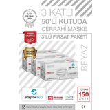 SAYTEKMED Meltblown Filtreli, Yassı Kulak Ipli, Beyaz Cerrahi Maske (150 Adet/3 Kutu)