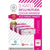 SAYTEKMED Premium Pembe Çocuk Maskesi, 3 Katlı Meltblown Filtreli,yassı Kulak Ipli (3 KUTU/90 ADET)