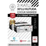 SAYTEKMED Premium Siyah Çocuk Maskesi, 3 Katlı Meltblown Filtreli,yassı Kulak Ipli (2 KUTU/60 ADET)