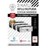 SAYTEKMED Premium Siyah Çocuk Maskesi,3 Katlı Meltblown Filtreli,yassı Kulak Ipli (3 KUTU/90 ADET)