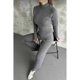 SAYZEN YOUR SHİNE Yarım Balıkçı Örgü Crop Kazak Pantolon Triko Alt-üst TAKIM Gri Standart