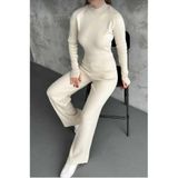 SAYZEN YOUR SHİNE Yarım Balıkçı Örgü Crop Kazak Pantolon Triko Alt-üst TAKIM Krem Standart