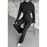 SAYZEN YOUR SHİNE Yarım Balıkçı Örgü Crop Kazak Pantolon Triko Alt-üst TAKIM Siyah Standart