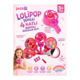SAZE Lolipop Şekilli 4 Katlı Çocuk Makyaj Güzellik Seti | Renk Veren Far Ruj Oje ve Aplikatörlü Oyuncak Makyaj Seti 3+ Yaş