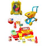 SAZE MARKET ARABASI 5 ADET FILEDE MEYVE İLE + 40 PARCA YAZAR KASA SETİ İLE ALİŞVERİŞE COCUKLAR 2 Lİ SET