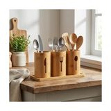 SBN - Store 3'lü Doğal Bambu Kaşıklık Seti - Ahşap Standlı Tezgah Üstü Çatal Kaşık Bıçak Düzenleyici Şık Mutfak Organizeri (Stand: 33X13X2 Cm/kaşıklık: 10X12 Cm)