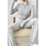 sbodurhome Ieg™ Kadın Gri Çizgili Boğazlı Crop Top ve Yüksek Bel Pantolon Takım - S - M