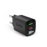 SBS Çok Bağlantı Noktalı Şarj Cihazı 30 W LCD, 1 USB-C Bağlantısı ve 1 USB-A Soketi, EU Fiş, Power Delivery, Android Akıllı Telefonlar, iPhone, Tabletler, MacBook için İdeal