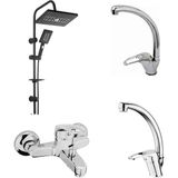 Sc Grup 4’lü Set-Banyo-Lavabo - Mutfak Eviye Musluğu Bataryası ve Fonksiyonlu Kare Siyah Krom Robot Duş Seti 12345 - Siyah - Krom