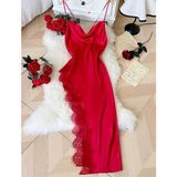 Scarlet Allure Dantel Detaylı Uzun Saten Gecelik Kırmızı - L - XL