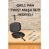 Schafer Maşa Seti Hediyeli Kare Double Grıll Pan 34 Cm Kare Çift Taraflı Tava Twıst 3 Parça Maşa Seti