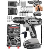 Schatz Pro 12V 1.5 Ah Darbeli Çelik Şanzıman Çift Akülü Bakır Sargılı Şarjlı Vidalama Matkap 24 Parça Gri