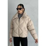 Schlank Kadın Bej Oversize Şişme Mont – Fermuarlı, Cepli Kışlık Mont - Standart