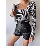 schlank Kadın Ekru Zebra Desen Kare Yaka Uzun Kol Viskon Bluz