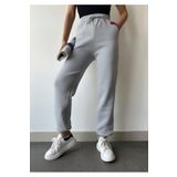 schlank Kadın Gümüş Gri Kışlık Kalın İçi Polarlı Yüksek Bel Paçası Lastikli Basic Jogger Eşofman Altı