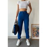 schlank Kadın İndigo Mavi Kışlık Kalın İçi Polarlı Yüksek Bel Paçası Lastikli Basic Jogger Eşofman Altı