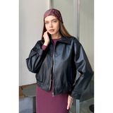Schlank Kadın Siyah Suni Deri Ceket – Oversize