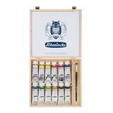 Schmincke - AKADEMY AKRİLİK, 12 x 60 ml tüpler, 76 014 097, 12 parlak, ahşap kutuda yüksek ışık tutmayan tonlar, 1 DaVinci fırça, ince sanatçı akrilik boyalar, kadmiyum içermez, karıştırma için ideal
