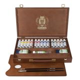 Schmincke PrimaAkrilik En İyi Akrilik Boyalar, Premium Ahşap Kutu, 15 x 35 ml Set 73515097, Aksesuarlar: Orta Parlak Sıvı, Dokulu Jel, 2 Fırça, Ahşap Palet
