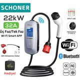 Schoner 22KW Taşınabilir Elektrikli Araç Şarj Istasyonu Wi-Fi / Bluetooth Smart 5 Metre Tip2 Kablolu Trifaz/monofaz 32A - 22kW/11kW/7.66kW/3.5kW - 5 Metre Tip2 Kablolu - Wi/Fi - Bluetooth