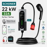 Schoner 22Kw Taşınabilir Elektrikli Araç Şarj İstasyonu Wi-Fi/Bluetooth Smart 5.5 Metre Tip2 Kablolu Trifaz/Monofaz 32A 22Kw/11Kw/7.66Kw/3.5Kw (Chargepro22-App)