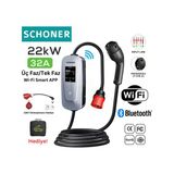 SCHONER 22KW Taşınabilir Elektrikli Araç Şarj İstasyonu Wi-Fi/Bluetooth Smart 5 Metre Tip2 Kablolu Trifaz/Monofaz 32A 22kW/11kW/7.66kW/3.5kW