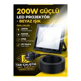 SCHUAR 20 Mt Kablolu 200 Watt Seyyar Led Projektör Aydınlatma. Seyyar Aydınlarma Su Geçirmez Dış Mekan IP66,BEYAZ Çok güçlü Işık