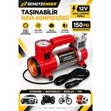 SCHUTZENGER 12V Araç Çakmak Girişli Taşınabilir Hava Kompresörü 150 Psı – Göstergeli ve Işıklı Lastik Şişirme Pompası Kırmızı
