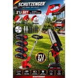 SCHUTZENGER 4 Bataryalı Şarjlı Dal Budama Kesme Testeresi 15CM ve Şarjlı Çim Ot Biçme Makinesi 6 Başlıklı 2026C Kırmızı Ikili Set