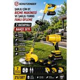 SCHUTZENGER 543RN 2 Akülü Şarjlı Turbo Fan Üfleme Makinesi ve Şarjlı Ot Çim Biçme Makinesi 7 Başlıklı Tırpan Set Sarı