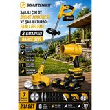 SCHUTZENGER 746RN 3 Akülü Şarjlı Turbo Fan Üfleme Makinesi ve Şarjlı Ot Çim Biçme Makinesi 7 Başlıklı Tırpan Set Sarı